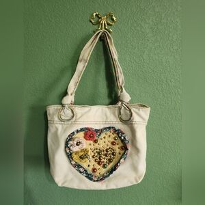Fossil Long Live Vintage Canvas Heart Studded Tote Shoulder Handbag